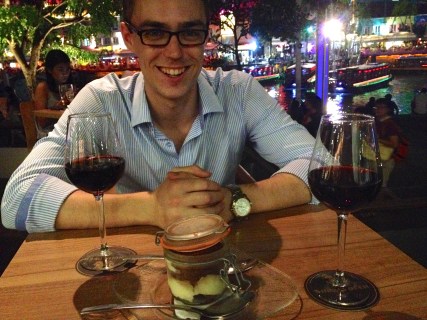 Mitch with a very reasonably priced tiramisu and two delicious glasses of wine at Boat Quay. Please note that the tiramisu came in a jar!